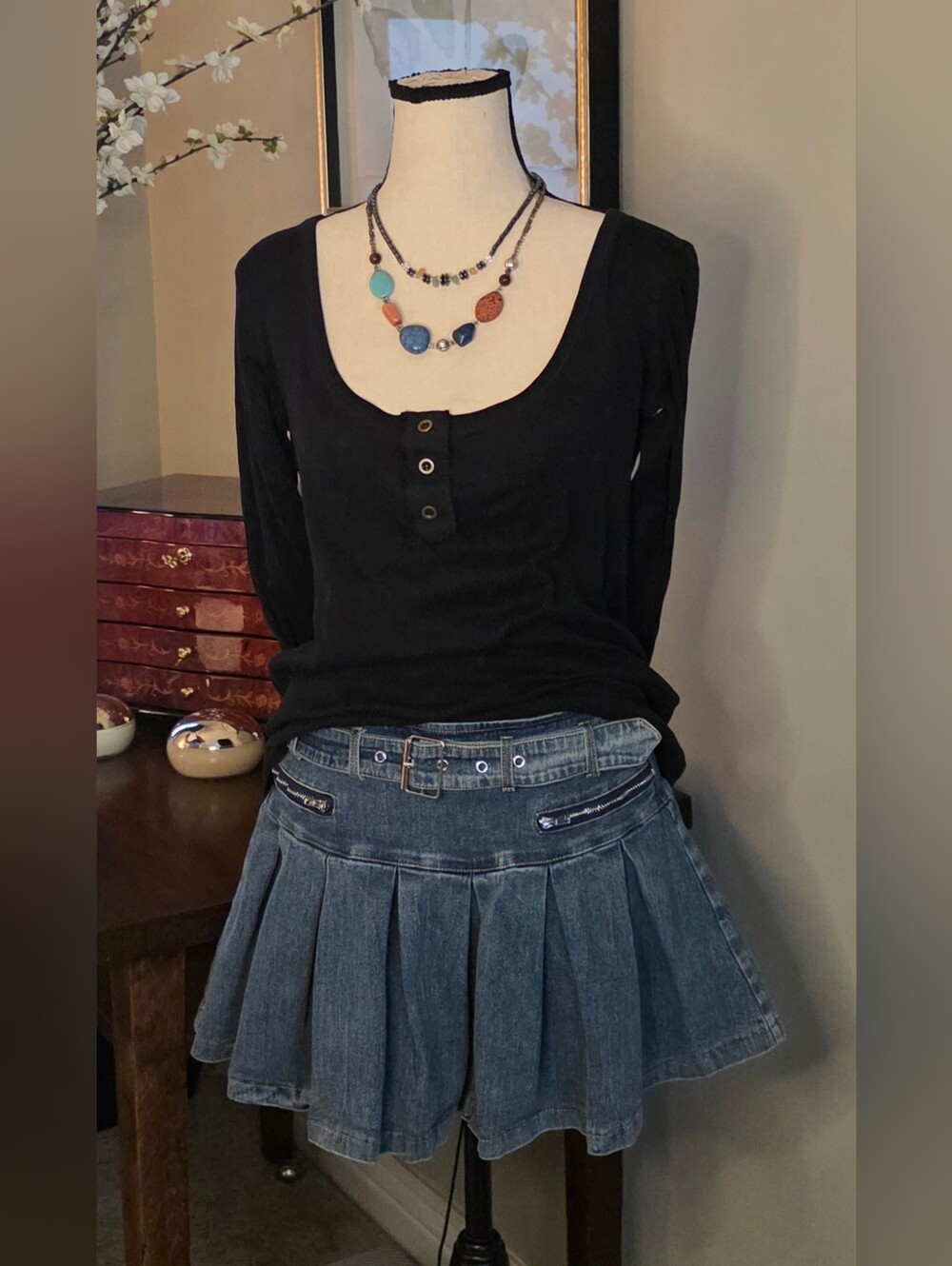 Denim Pleated Mini And Black Long Sleeve Scoop Top Total Look For Sale